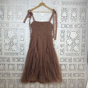 Storia Brown Chiffon Tiered Sleeveless Midi Dress Sz M Ruched Bubble Romantic